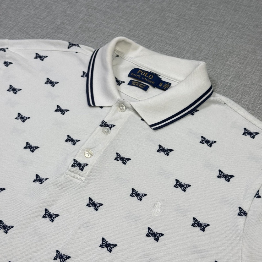 Polo Ralph Lauren Butterfly Pattern Polo Shirt Mens XL White Cotton Spandex - Picture 1 of 10
